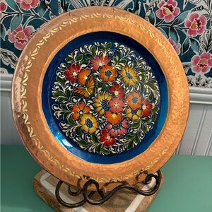 SERGIO VELAZQUEZ FLOWERED HAMMERED COPPER WALL PLATE WITH BUTTERFLY MEXICO EUC